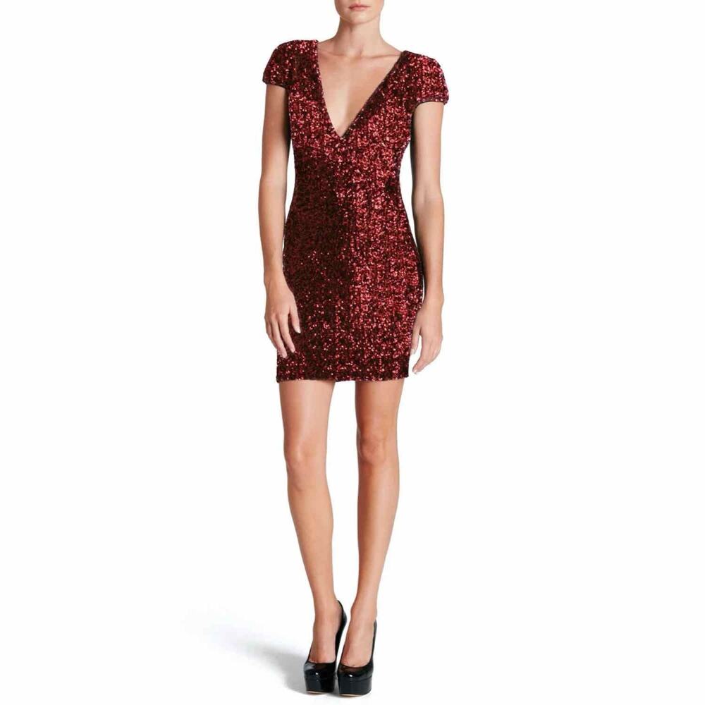 Dress the Population Zoe Sequin V-Neck Mini Dress Pink Small Cocktail